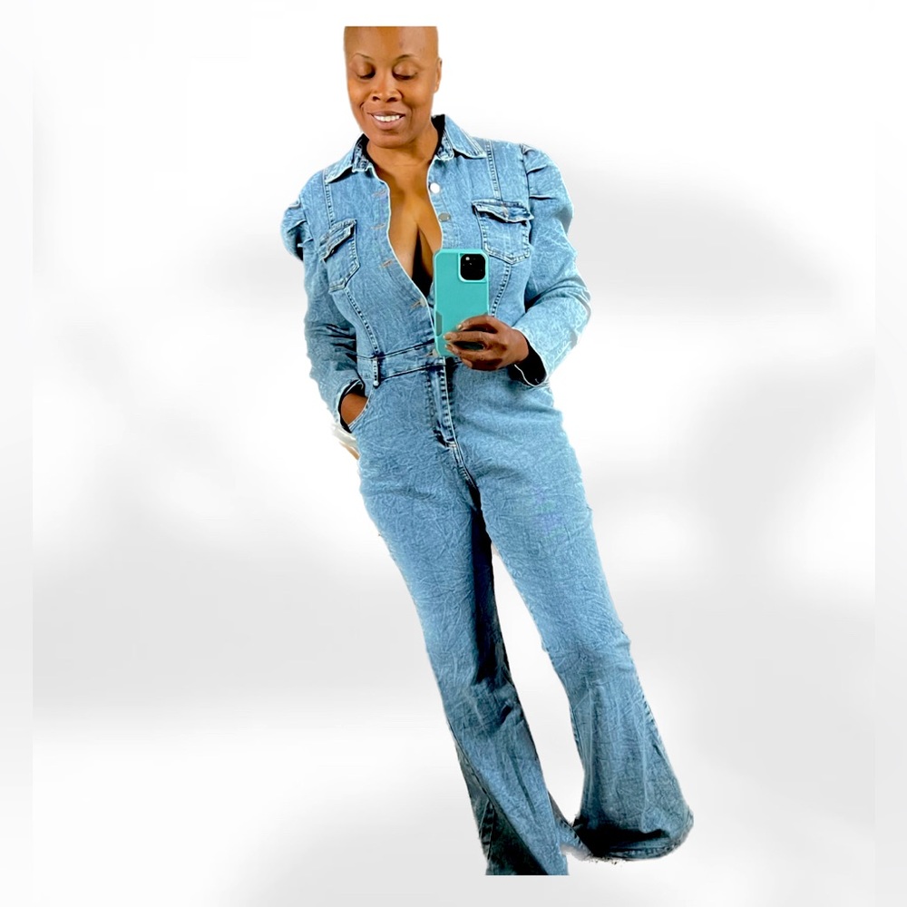 Vintage Acid Wash Denim Jean Wideleg Jumpsuit Women’s Large